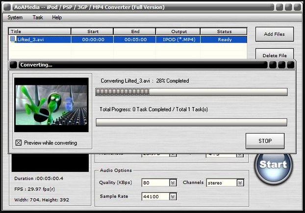 Скриншот программы AoA iPod PSP 3GP MP4 Converter 4.1.2